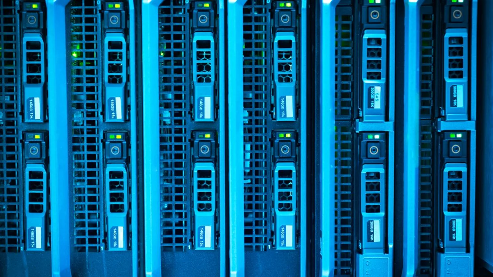 Detailed image of illuminated server racks showcasing modern technology infrastructure.