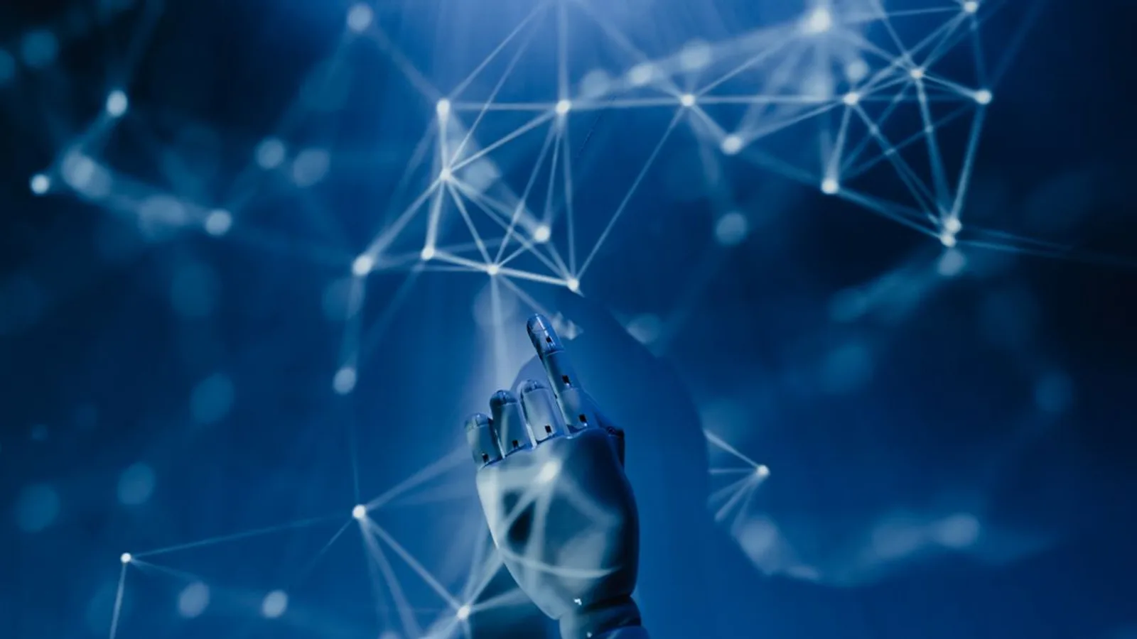 A robotic hand reaching into a digital network on a blue background, symbolizing AI technology.