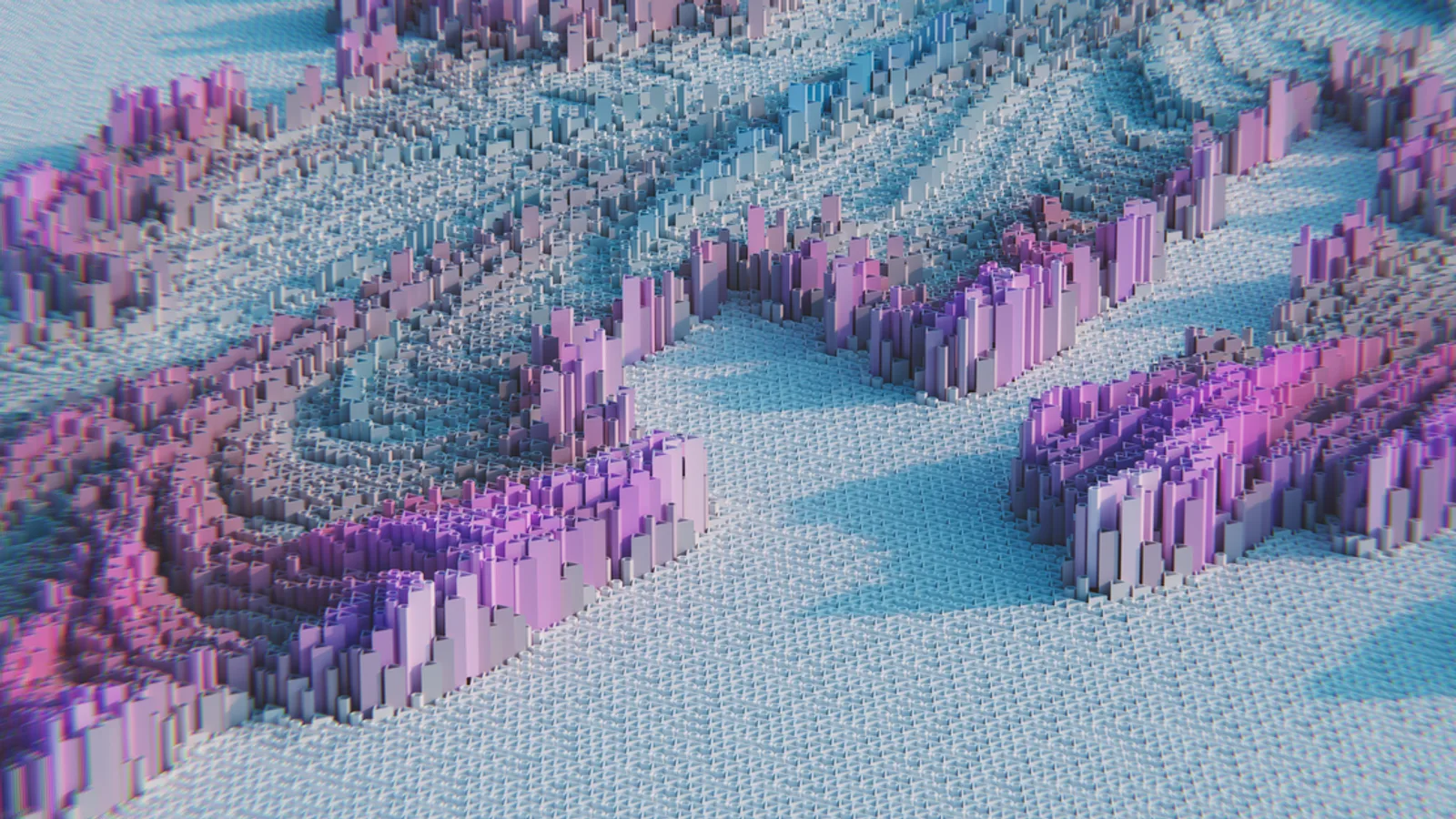 3D abstract geometric pattern featuring pastel pink and purple blocks, creating a modern visual effect.