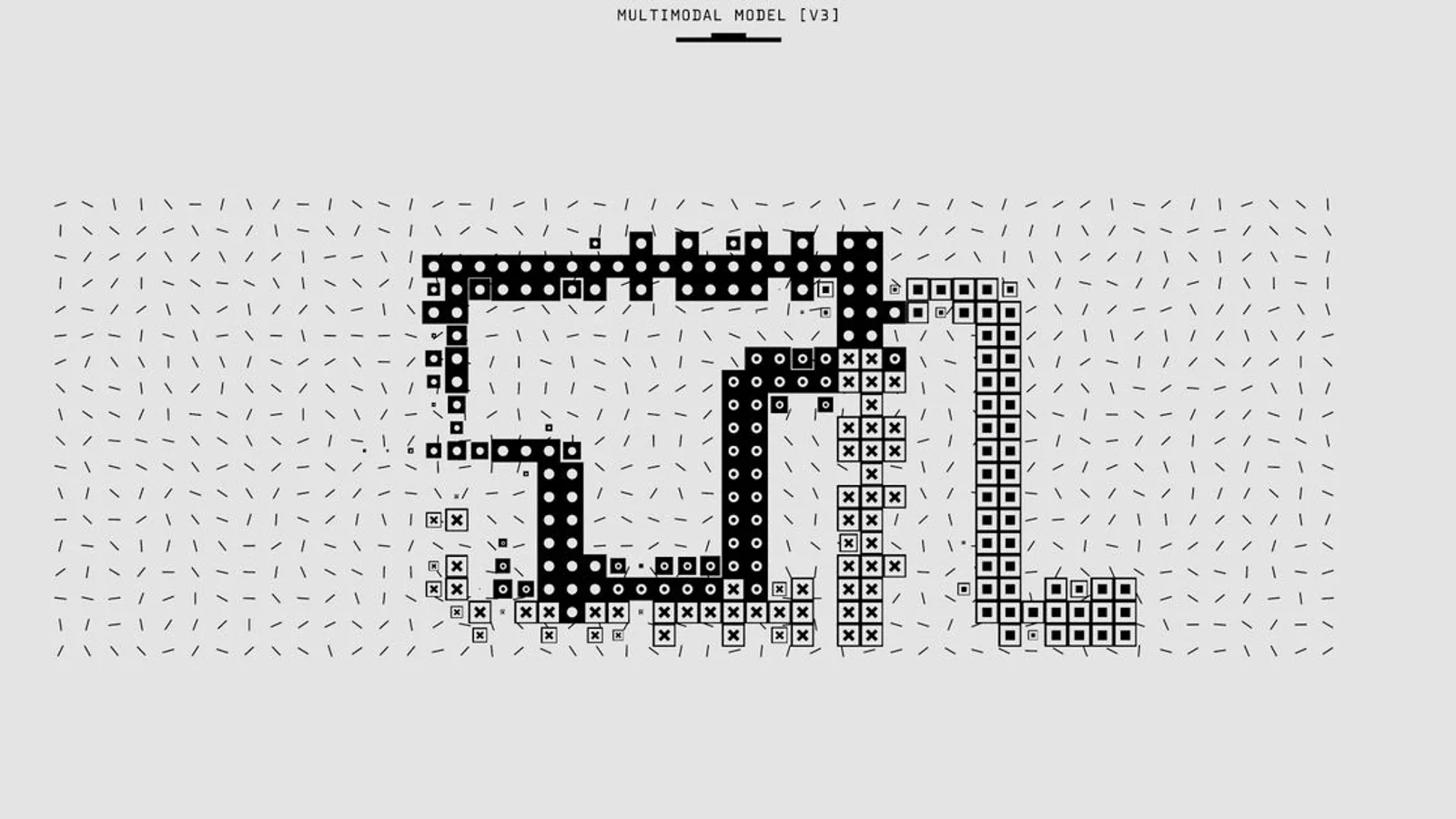 Abstract representation of a multimodal model with vectorized patterns and symbols in monochrome.