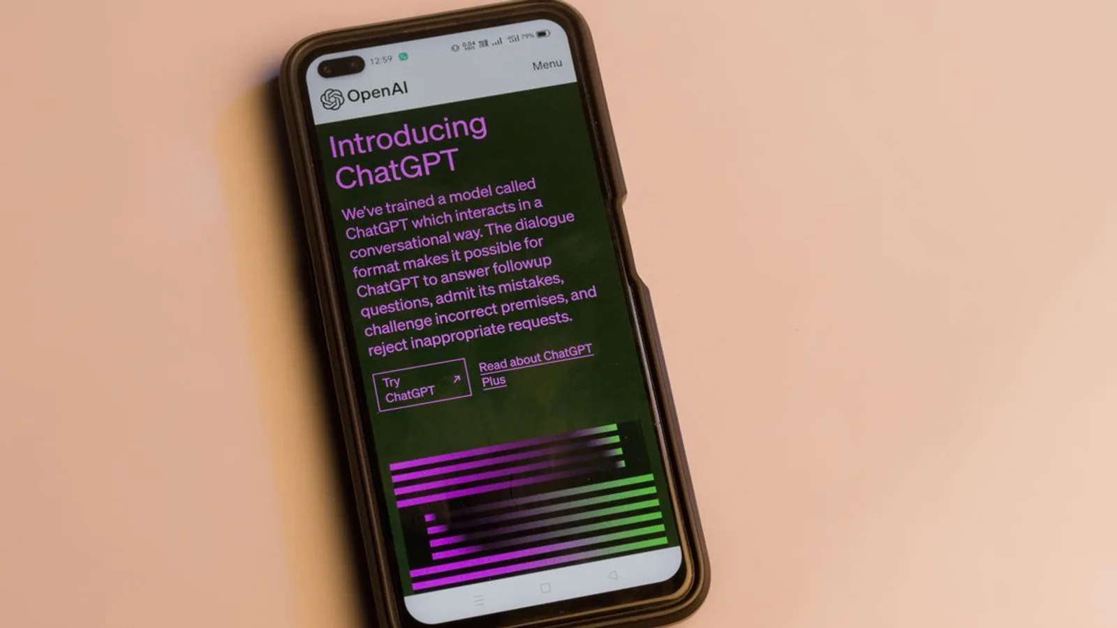 Smartphone screen showing ChatGPT introduction by OpenAI, showcasing AI technology.