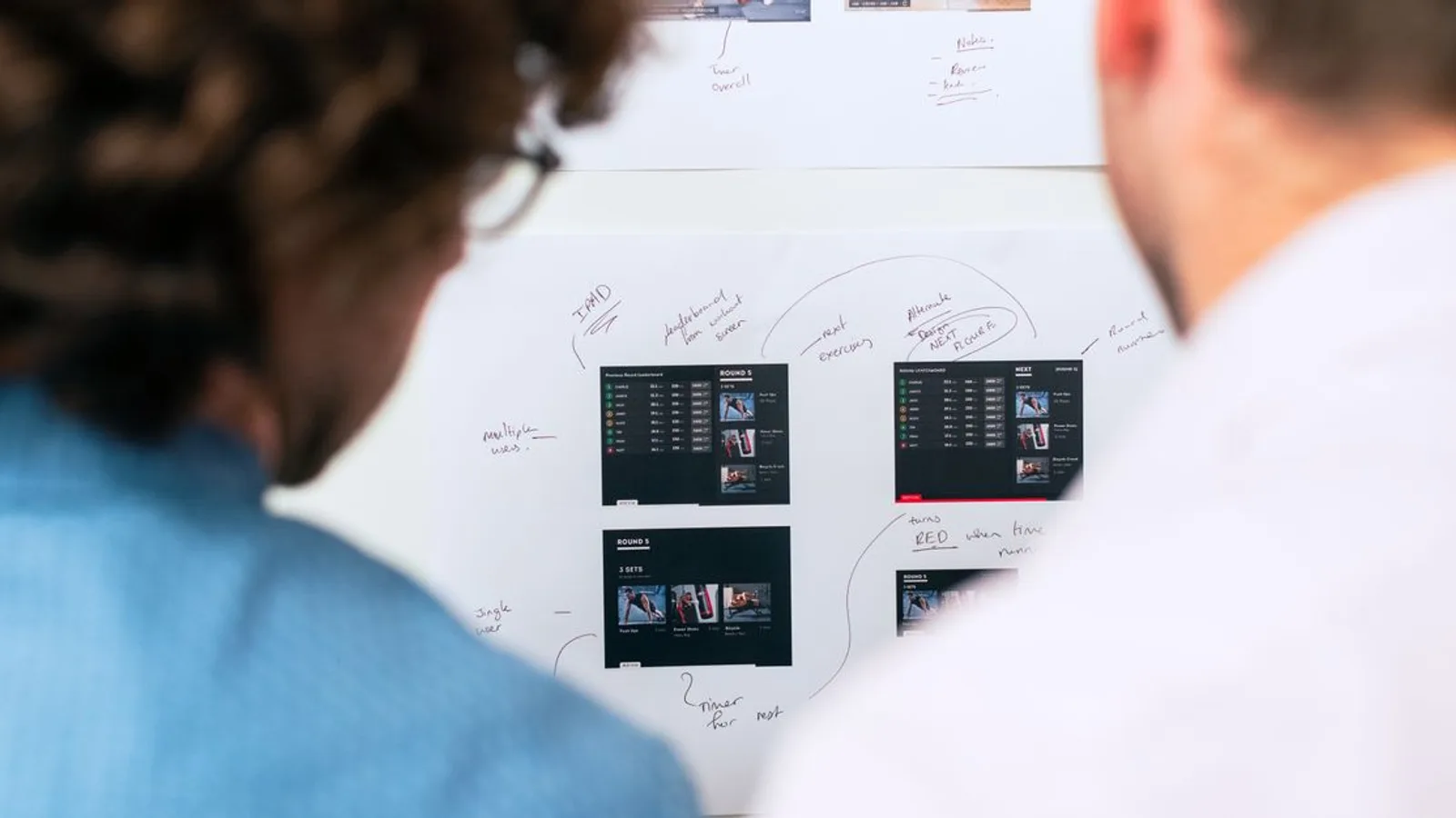 Two business professionals brainstorming and planning software development with a whiteboard in an office.